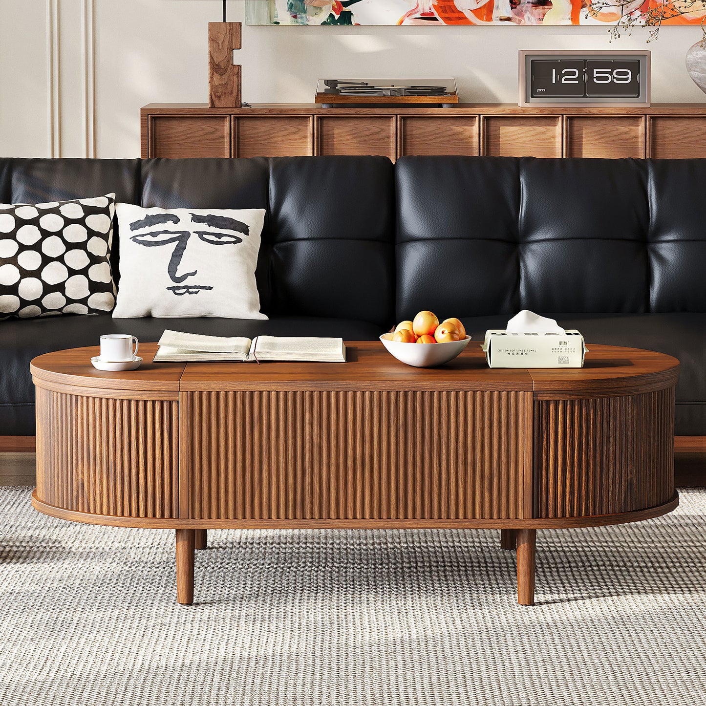 U-Can Minimalist Oval Lift-Top Coffee Table with Hidden Storage and Wood Wave Grain Finish image 2