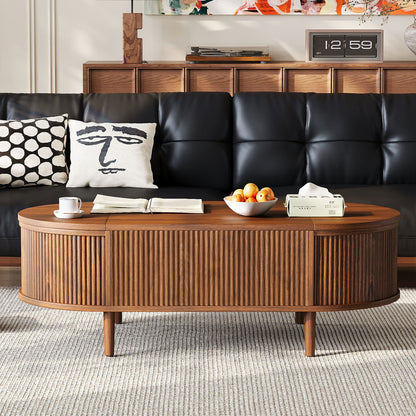 U-Can Minimalist Oval Lift-Top Coffee Table with Hidden Storage and Wood Wave Grain Finish image 2