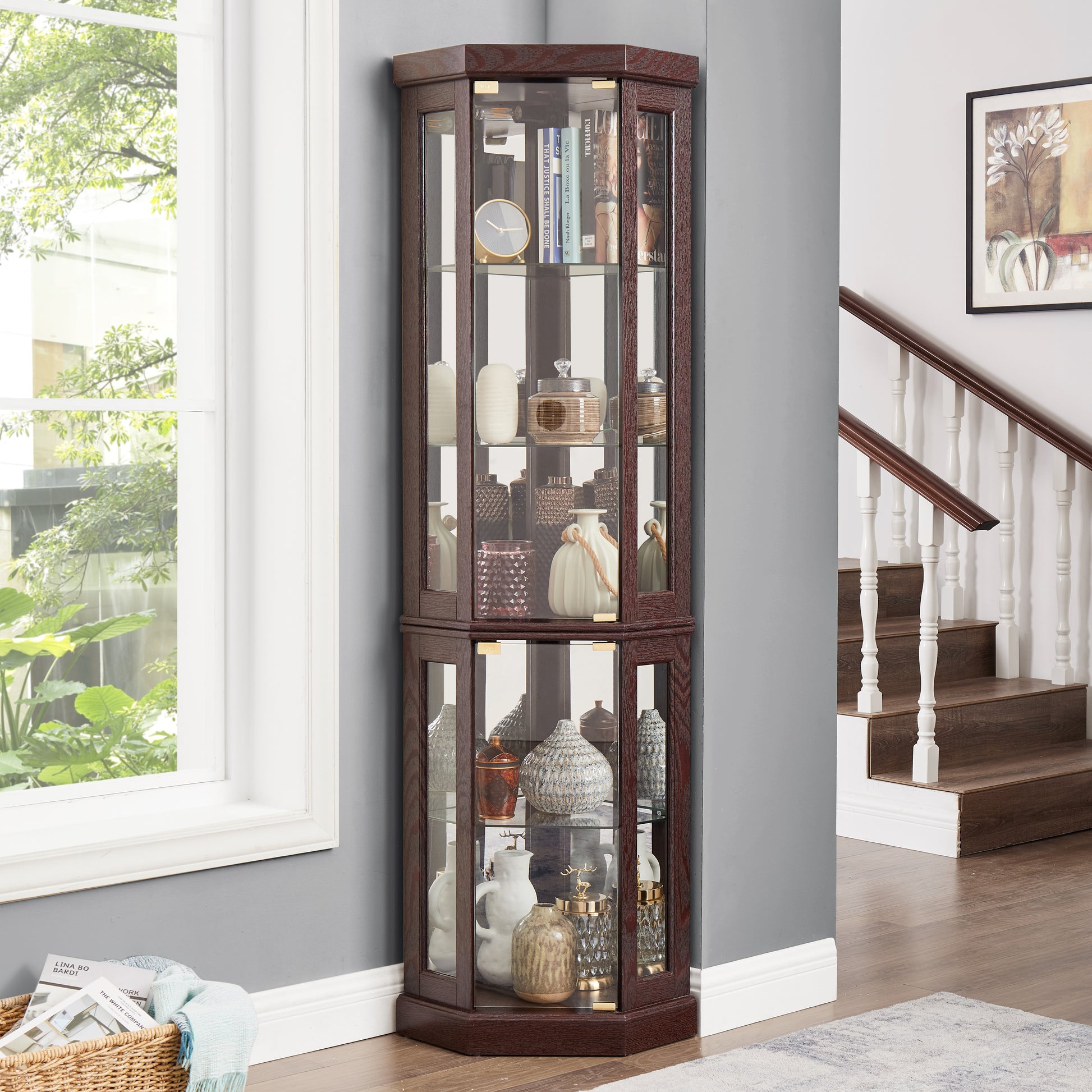 Corner Glass Cabinet Lighted Curio Cabinet Corner Display Case for Living Room, Curio Cabinet, Antique collection, Wine,Bar Glass Storage Light Included,Dark Cherry image 2