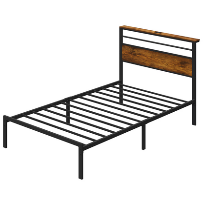 Twin Size Bed Frame with Headboard and Storage Shelf, Metal Bed, Upholstered Wooden Beds with Charging Station, Sturdy Frames for Bedroom Furniture, No Box Spring Needed, Black image 8