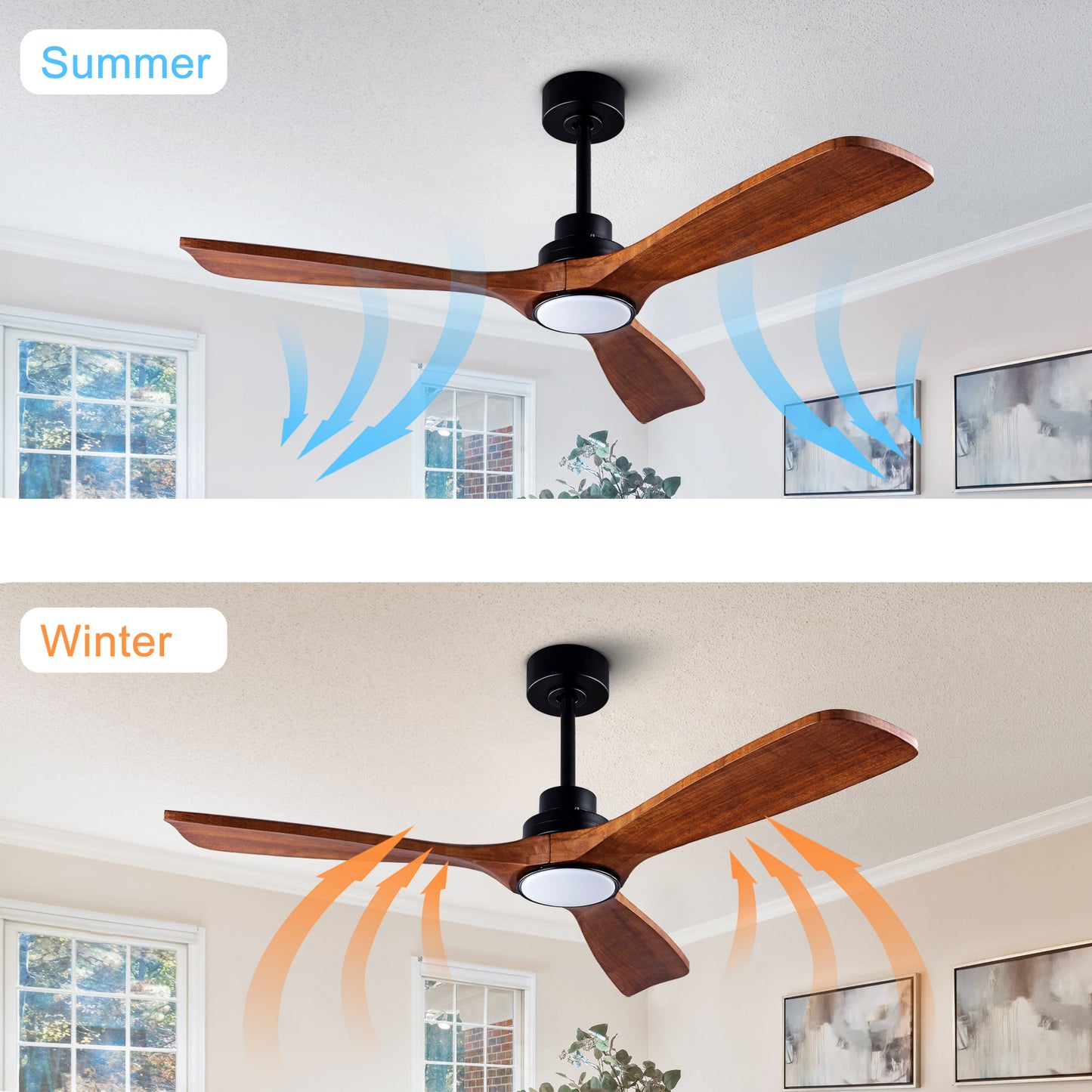 Ceiling Fans with Lights and Remote 52'' Outdoor Ceiling Fan with 6 Speed Noiseless Reversible DC Motor, Indoor 3 Blade Wood Ceiling Fan for Farmhouse Bedroom Living Room Gazebo Patio Black image 3