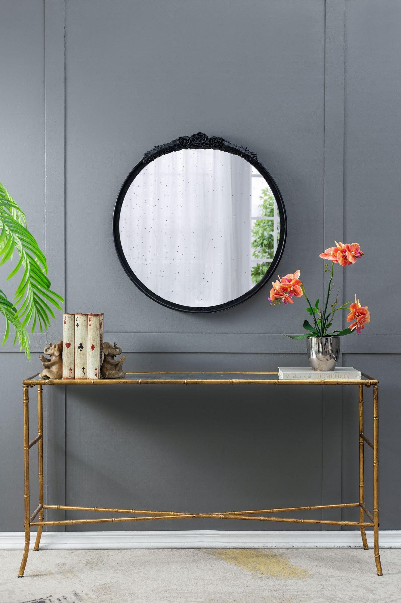 30"x30" Round Hand Carved Rose Antique Mirror Frame, Wall Mirror for Live space, Bathroom, Entryway Wall Décor(Black) image 9