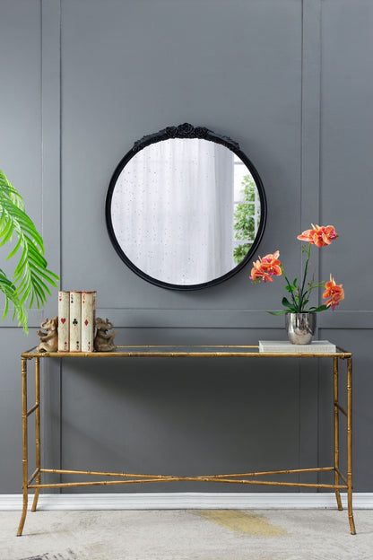 30"x30" Round Hand Carved Rose Antique Mirror Frame, Wall Mirror for Live space, Bathroom, Entryway Wall Décor(Black) image 9