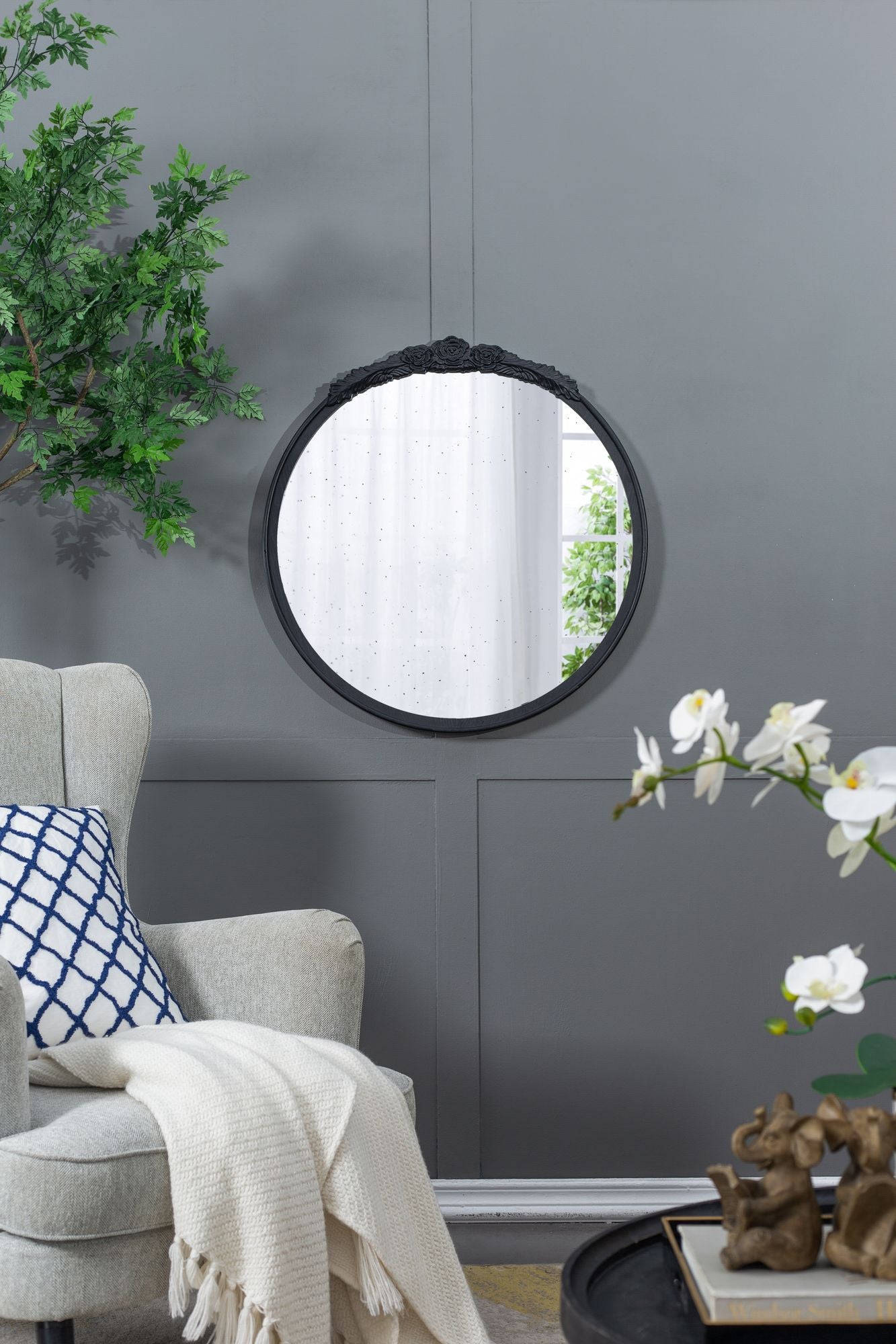 30"x30" Round Hand Carved Rose Antique Mirror Frame, Wall Mirror for Live space, Bathroom, Entryway Wall Décor(Black) image 2