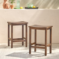 Outdoor Acacia Wood Counter Height Barstool, Set of 2, Mahogany Brown Finish