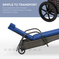 Outsunny Wicker Outdoor Chaise Lounge, 5-Level Adjustable Backrest PE Rattan Pool Lounge Chair with Wheels, Cushion & Headrest, Brown and Dark Blue