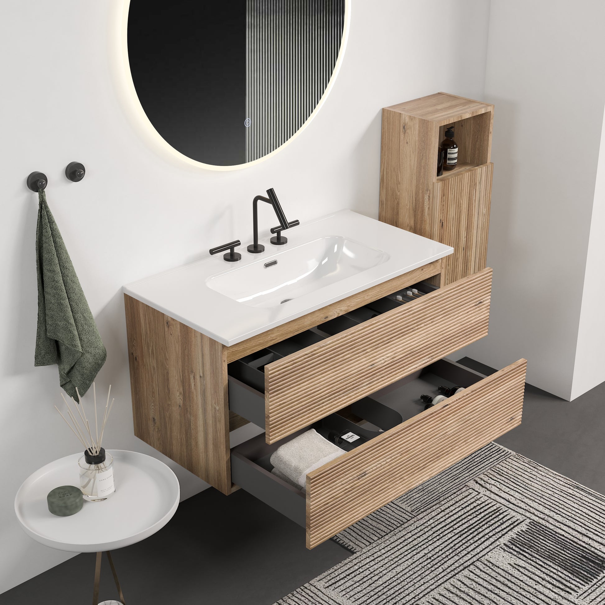 Gloria 36" Wall Mounted Rough Oak&Rough Oak Bathroom Vanity with Integrated Ceramic Sink with Overflow, with 3 holes, Large Storage Floating Bathroom Vanity for Modern Bathroom, KD image 2