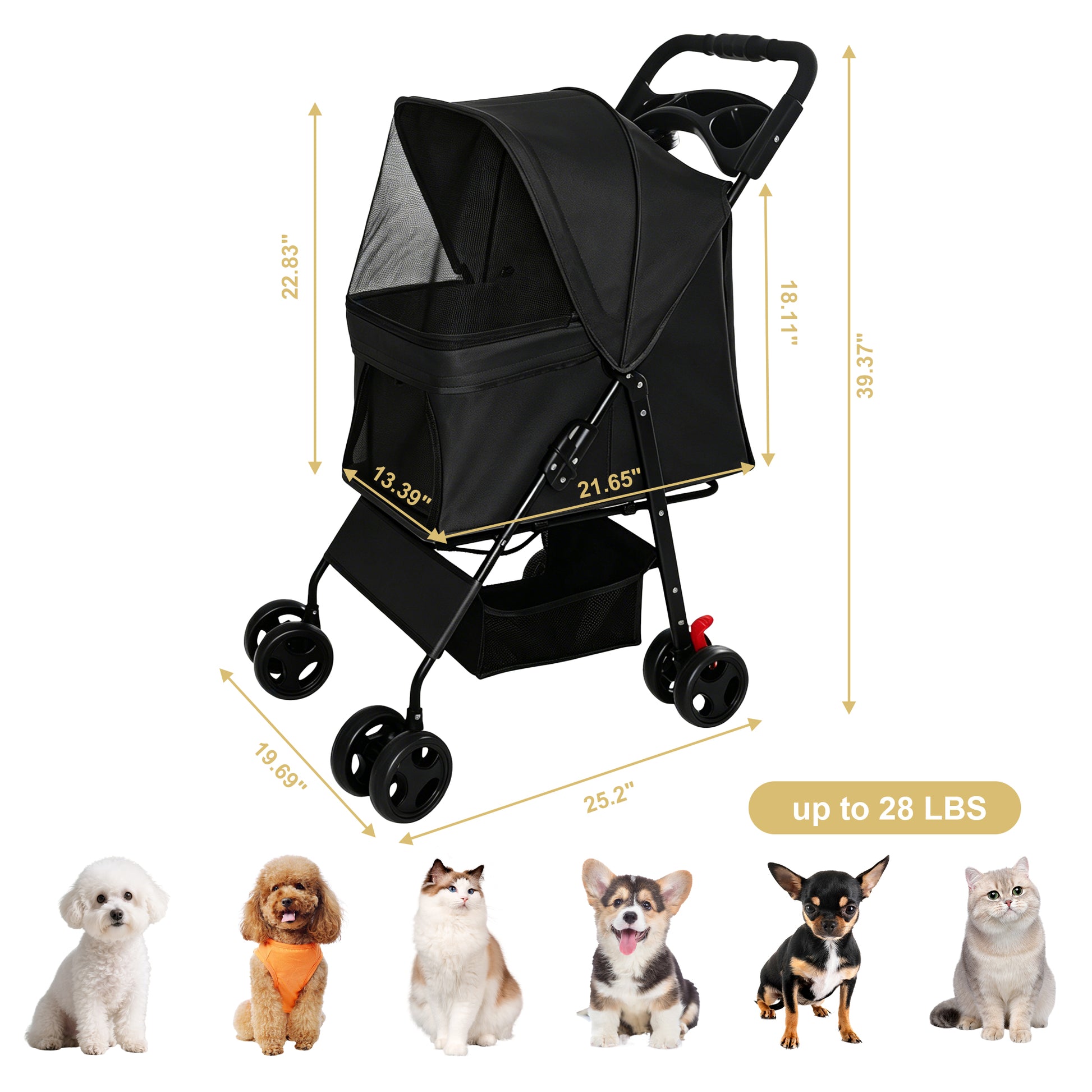 Foldable Pet Stroller for Small Dogs and Cats Under 28 lbs with Multi-Functional Tray, 2 Safety Leashes, Storage Basket & Breathable Mesh, 4 Wheels Pet Stroller, Black image 3