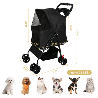 Foldable Pet Stroller for Small Dogs and Cats Under 28 lbs with Multi-Functional Tray, 2 Safety Leashes, Storage Basket & Breathable Mesh, 4 Wheels Pet Stroller, Black image 3