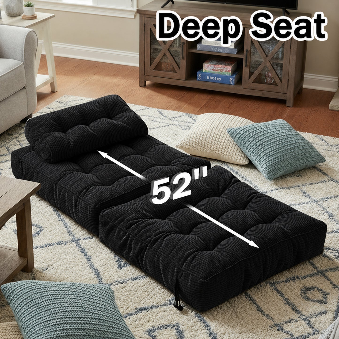 Folding single chair, adjustable and convertible sofa bed, comfortable fluffy lazy sofa in living room, bedroom, apartment, dormitory, black. image 6