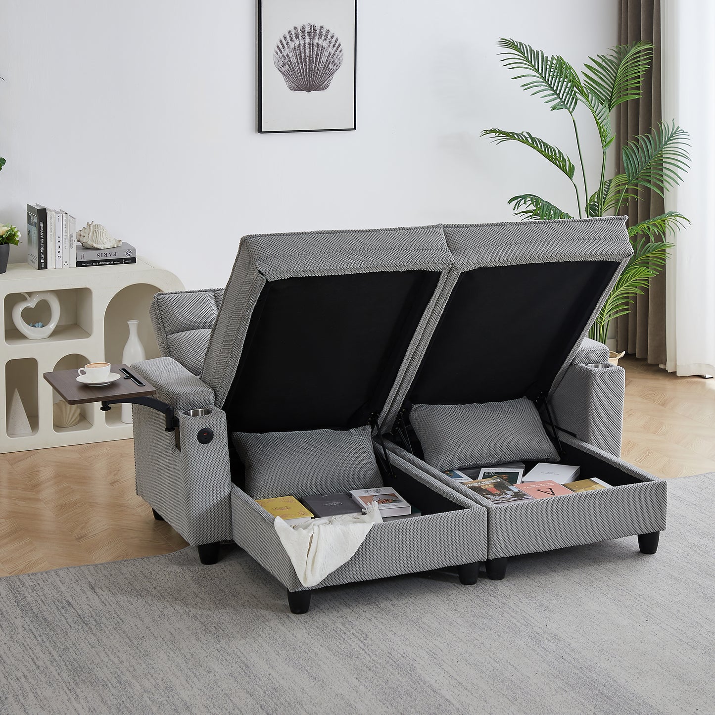 Light Grey Sofa,Sleeper Sofa Bed with 6-Position Adjustable Backrest,USB Ports, Cup Holder and Swivel Side Table image 4