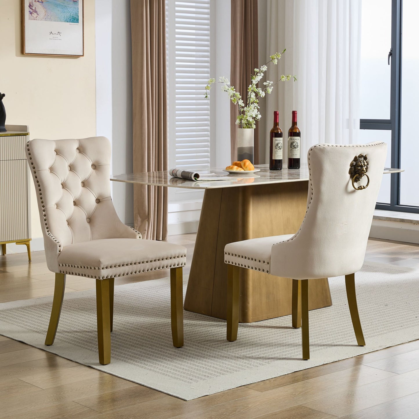 Mid-Century Modern Chairs with Lion Head Pull Ring,High-end Tufted Solid Wood Contemporary Velvet Upholstered Dining Chair with Golden Wooden Legs Nailhead Trim 2-Pcs Set,Beige,SW1201BG image 1