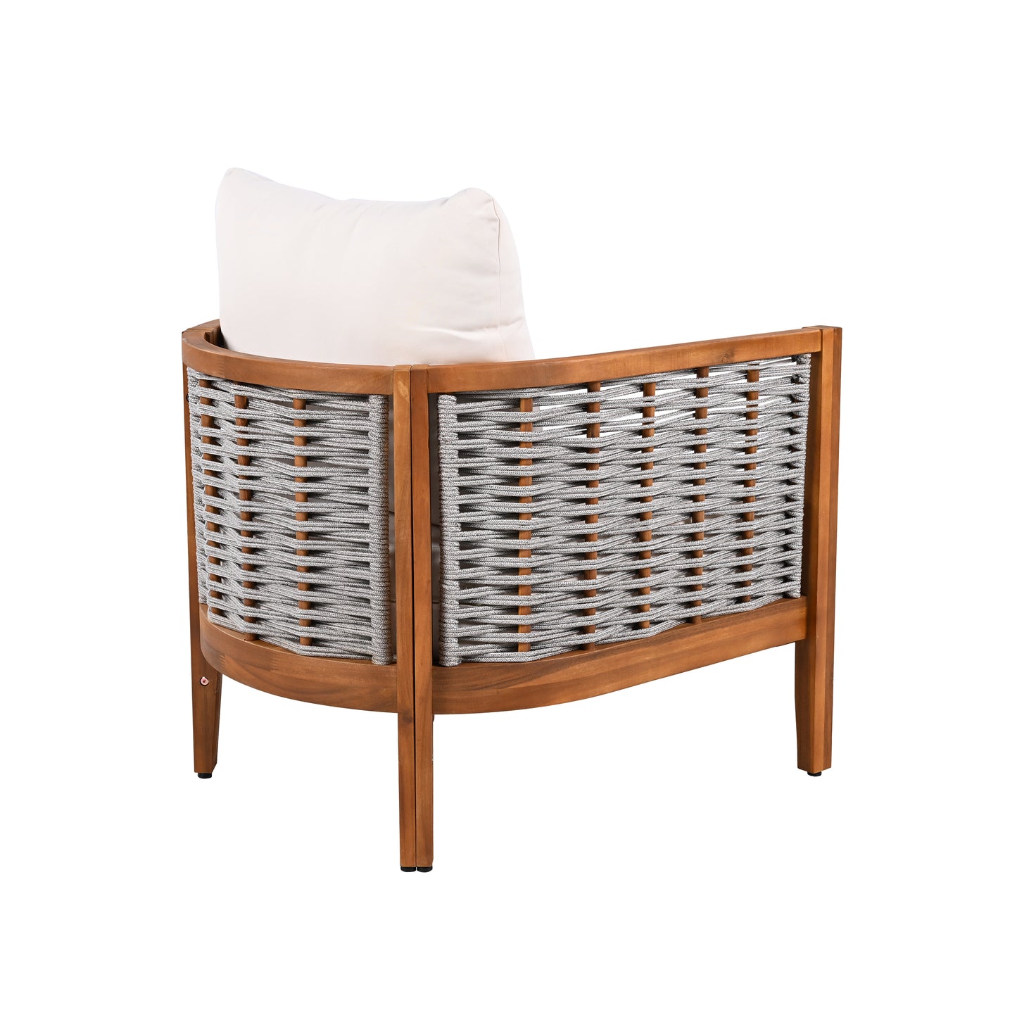 Outdoor Unique Tub Design Armchair with Woven Rope, Patio Furniture Acacia Wood Chair, Deep Seating with Soft Cushions for Porch, Garden, Backyard, Balcony, Teak Finish & Beige Cushion image 7
