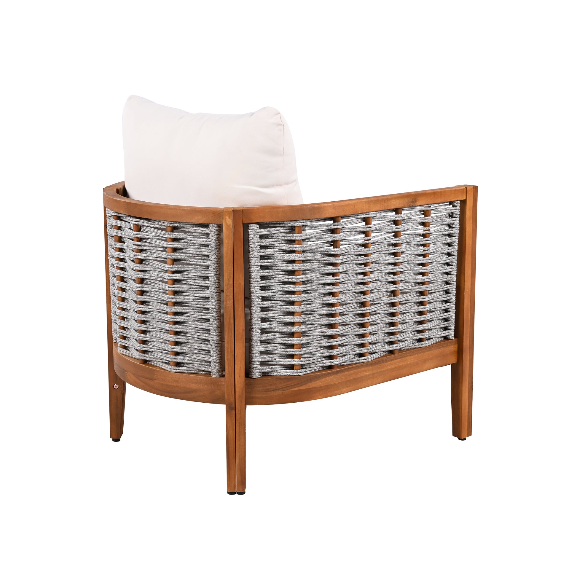 Outdoor Unique Tub Design Armchair with Woven Rope, Patio Furniture Acacia Wood Chair, Deep Seating with Soft Cushions for Porch, Garden, Backyard, Balcony, Teak Finish & Beige Cushion image 7
