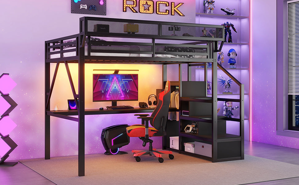 Full Loft Bed with Desk and Charging Station, Full Size Metal Loft Bed with Stairs and Light for Kids Teens, Black(Old SKU W2580S00077) image 5