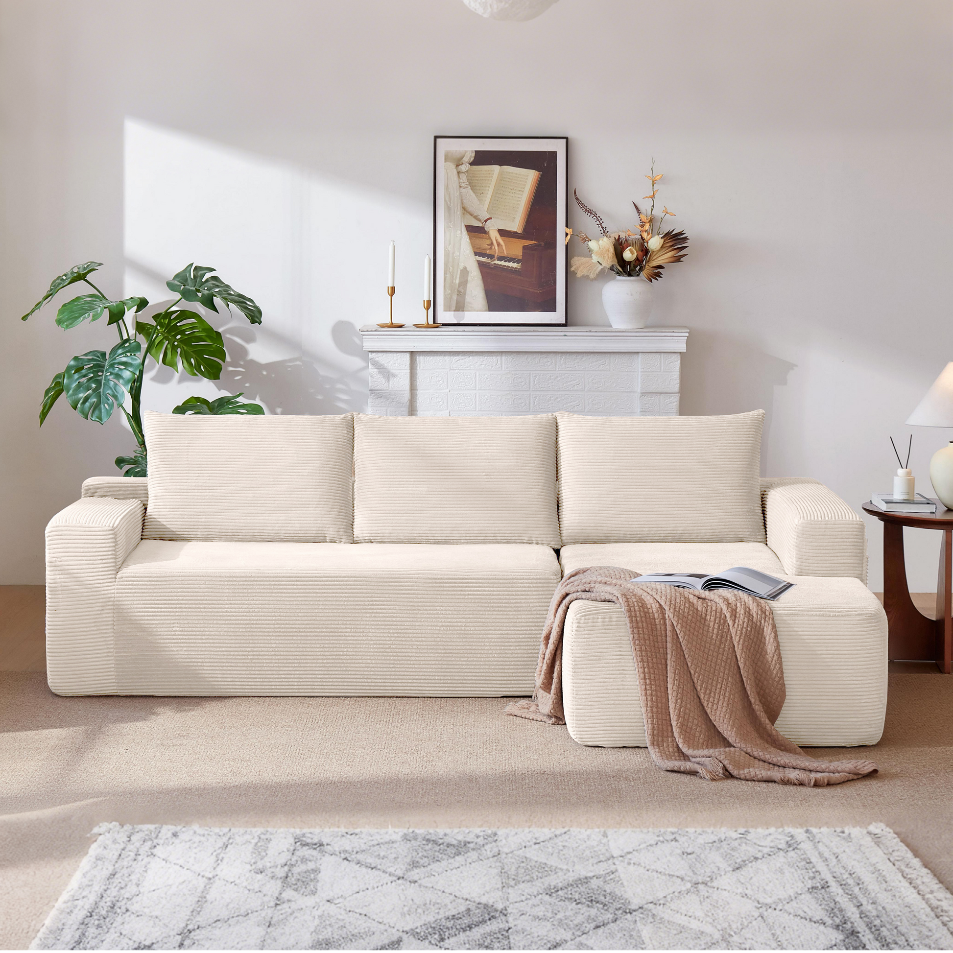 New 96.9''Cloud Sectional Couch with L-Shaped Chaise,Modern Modular Sofa with Deep Seat, Upholstered Couches for Living Room Bedroom,No Assembly Required,(Corduroy Fabric),White,Right image 3