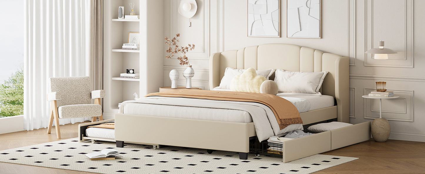 Upholstered Platform Bed with Wingback Headboard, One Twin Trundle and 2 Drawers, No Box Spring Needed, Linen Fabric, Queen Size, Beige image 10