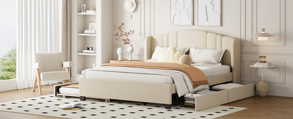 Upholstered Platform Bed with Wingback Headboard, One Twin Trundle and 2 Drawers, No Box Spring Needed, Linen Fabric, Queen Size, Beige image 10