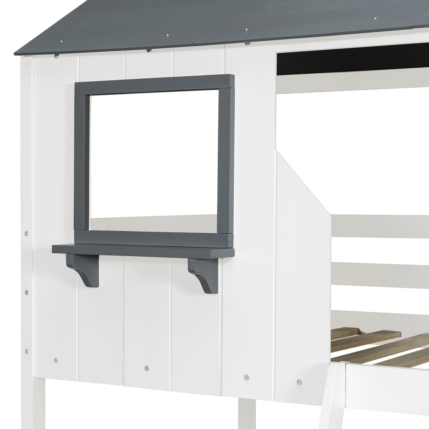 Twin Over Twin Bunk Bed Wood Bed with Roof, Window, Guardrail, Ladder (White)(OLD SKU: LT000045AAK-1) image 5