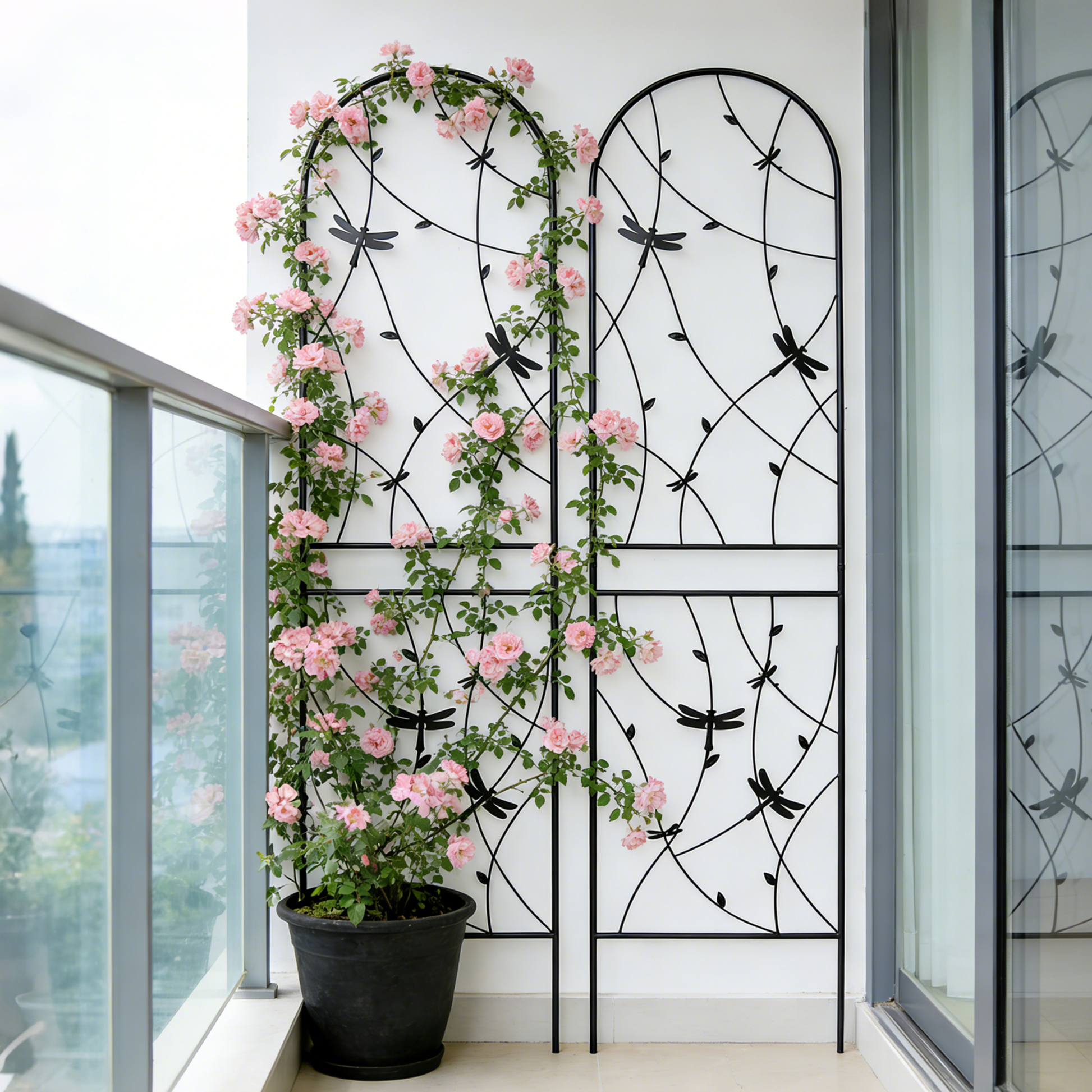 2 Pack Metal Garden Trellis 86.7" x 19.7" Rustproof Trellis for Climbing Plants Outdoor Flower Support Dragonfly Deco Black image 1