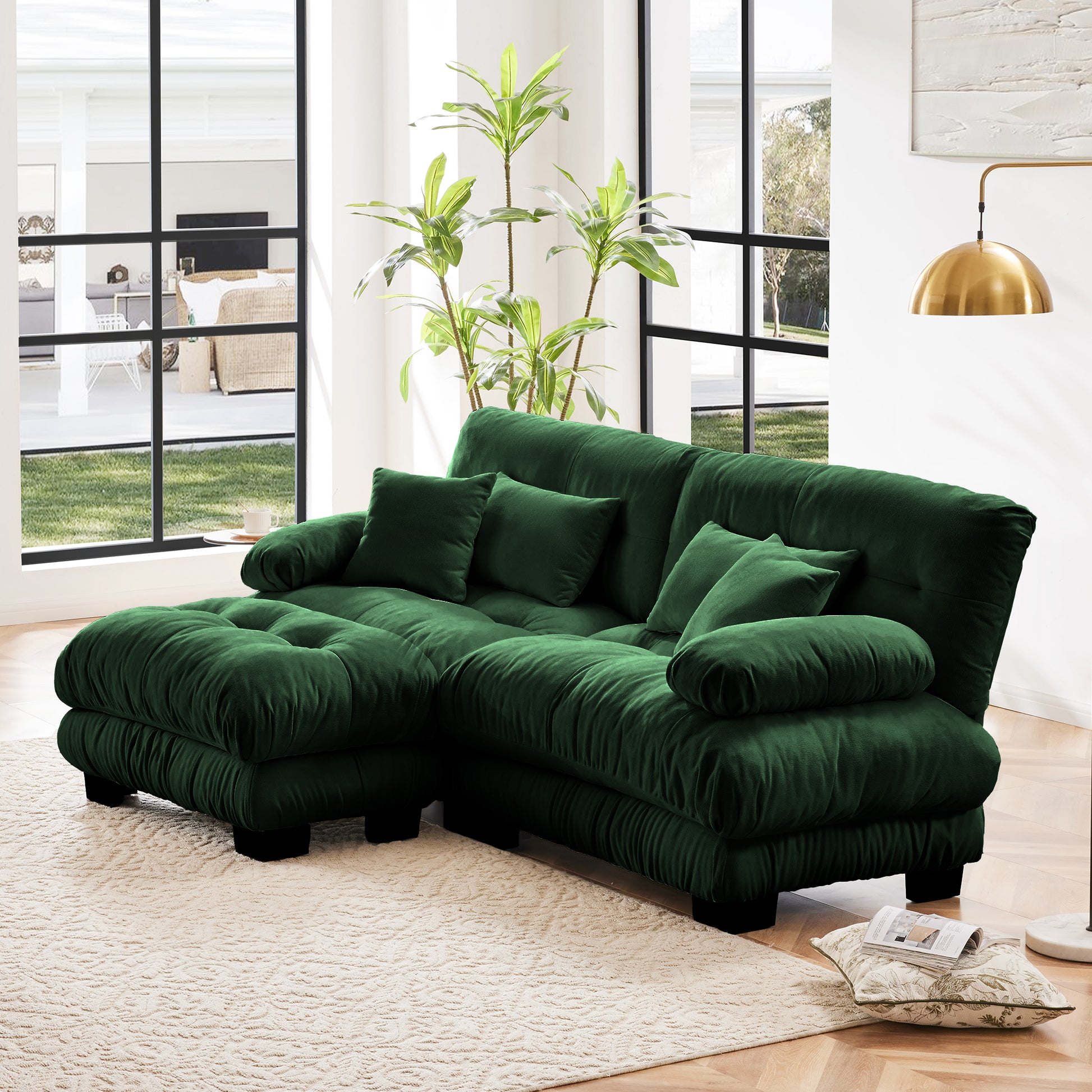 Cloud Couch Sectional Sofa for Living Room, Chenille 2 Seater Sofa with 2 Lumbar pillows and 2 throw pillows, Upholstered Wide Arm Sofa with Convertible Ottoman,Chenille Green image 2