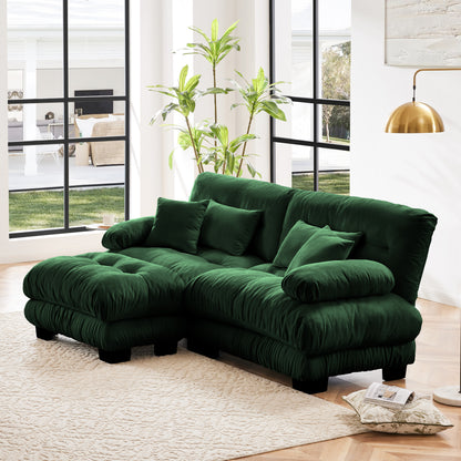 Cloud Couch Sectional Sofa for Living Room, Chenille 2 Seater Sofa with 2 Lumbar pillows and 2 throw pillows, Upholstered Wide Arm Sofa with Convertible Ottoman,Chenille Green image 2