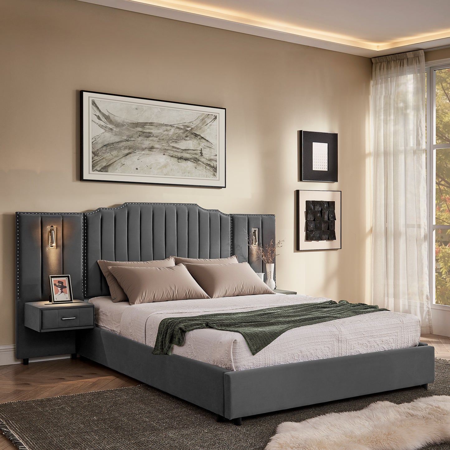 Queen Size Upholstered Bed Frame with Velvet Fabric, Vertical Stripe Design with Buttons Around Platform Bed with Headboard, Solid Frame & Bedside Table - No Box Spring Needed-Gray image 1