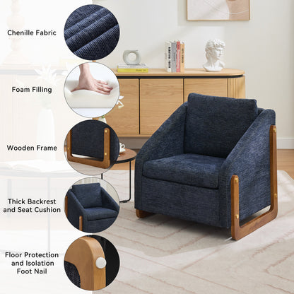 057-Set of 1 Chenille Fabric Modern Upholstered Armchair with Wooden Side Frame, Accent Leisure Chair with Cushioned Seat and Backrest for Living Room, Bedroom,Blue image 4