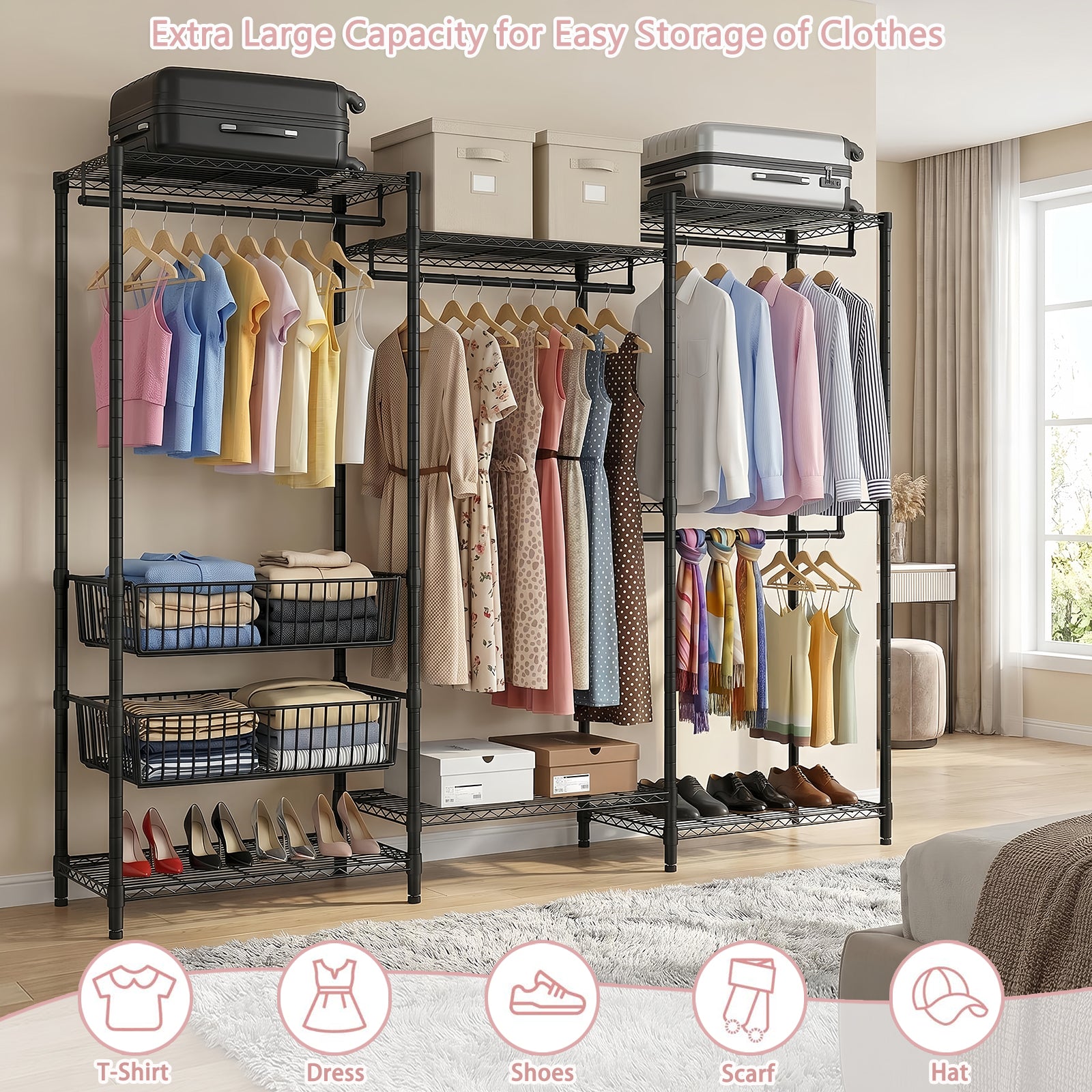 Heavy Duty Clothes Rack, Freestanding Garment Rack with 4 Hanging Rods & 2 Wire Baskets, Large Size Clothing Rack with Adjustable Wire Shelves, 68.5" W x 17.1" D x 76.4" H, Black image 4