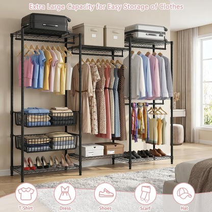 Heavy Duty Clothes Rack, Freestanding Garment Rack with 4 Hanging Rods & 2 Wire Baskets, Large Size Clothing Rack with Adjustable Wire Shelves, 68.5" W x 17.1" D x 76.4" H, Black image 4