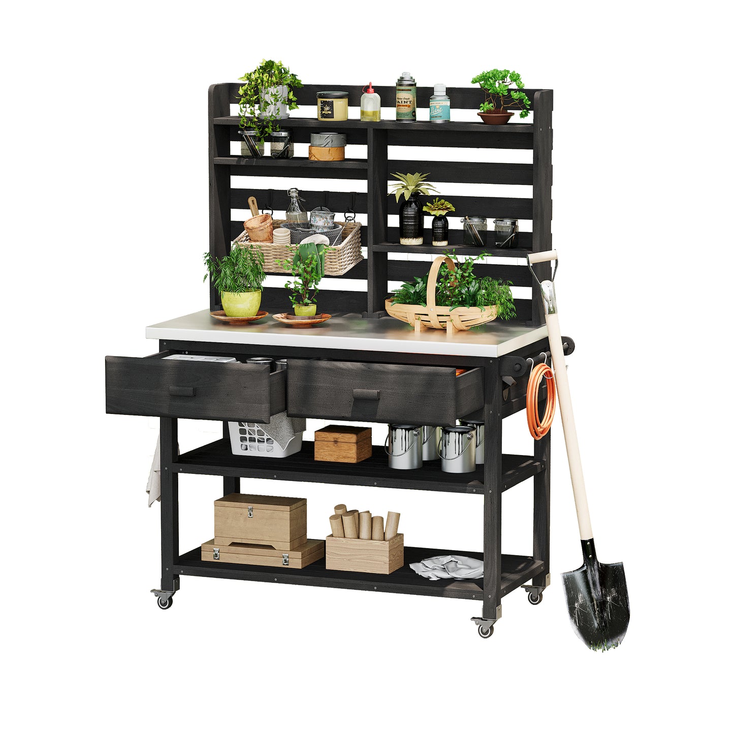 K&K 64.9"H Outdoor Potting Bench Table with Lockable Wheels, Solid Wood Outdoor Kitchen Island with Upper Hutch, Stainless Steel Top, Towel Rack,Outdoor Storage for Grilling, Lawn Garden -Black image 11