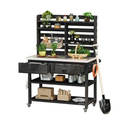 K&K 64.9"H Outdoor Potting Bench Table with Lockable Wheels, Solid Wood Outdoor Kitchen Island with Upper Hutch, Stainless Steel Top, Towel Rack,Outdoor Storage for Grilling, Lawn Garden -Black image 11