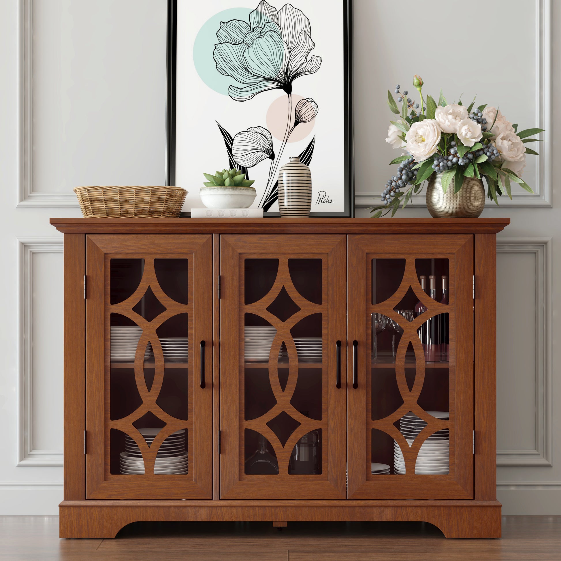 48.66" x 15.55" x 34.06" Spacious size sideboard 3 clear tempered glass doors buffet with adjustable shelf, MDF with dark OAK decorative laminates storage cabinet for dinning room, kitchen,living room image 1
