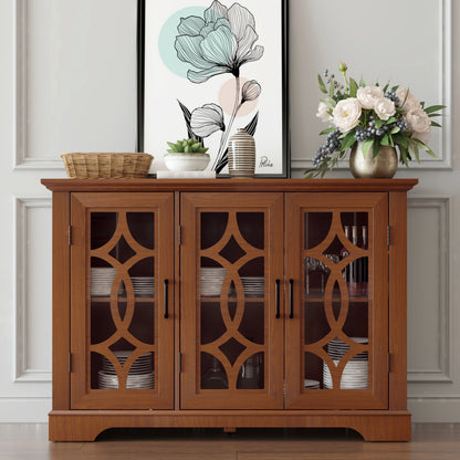 48.66" x 15.55" x 34.06" Spacious size sideboard 3 clear tempered glass doors buffet with adjustable shelf, MDF with dark OAK decorative laminates storage cabinet for dinning room, kitchen,living room image 1
