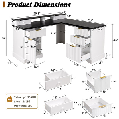 59" Modern Fluted L-Shaped Desk with Charging Station & Storage Cabinet - Home Office Computer Desk with Monitor Stand, File Drawer and Removable Support Shelf for Study, Home Office, White image 6