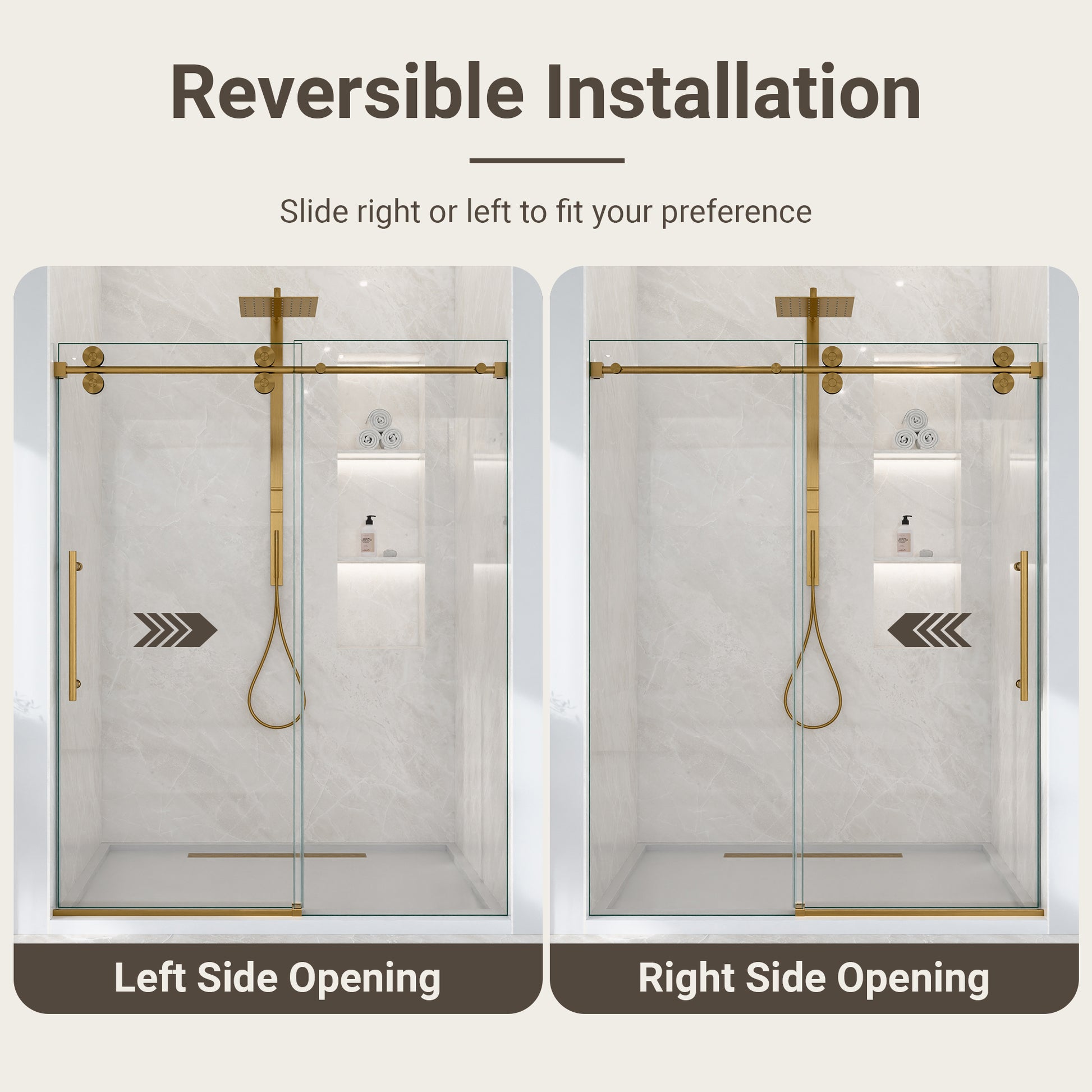 56"-60"W*72" H Frameless Single Sliding Shower Door – 5/16" (8mm) Clear Tempered Glass, Bypass Design with Brushed Gold Finish image 12