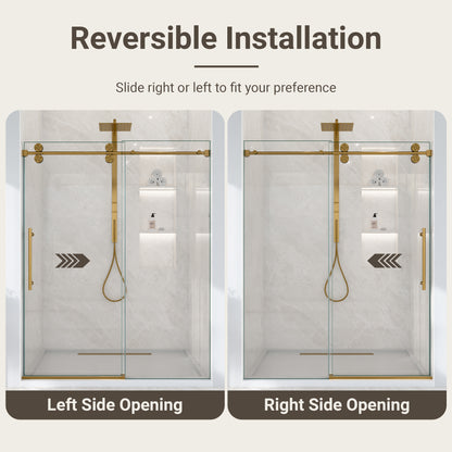 56"-60"W*72" H Frameless Single Sliding Shower Door – 5/16" (8mm) Clear Tempered Glass, Bypass Design with Brushed Gold Finish image 12