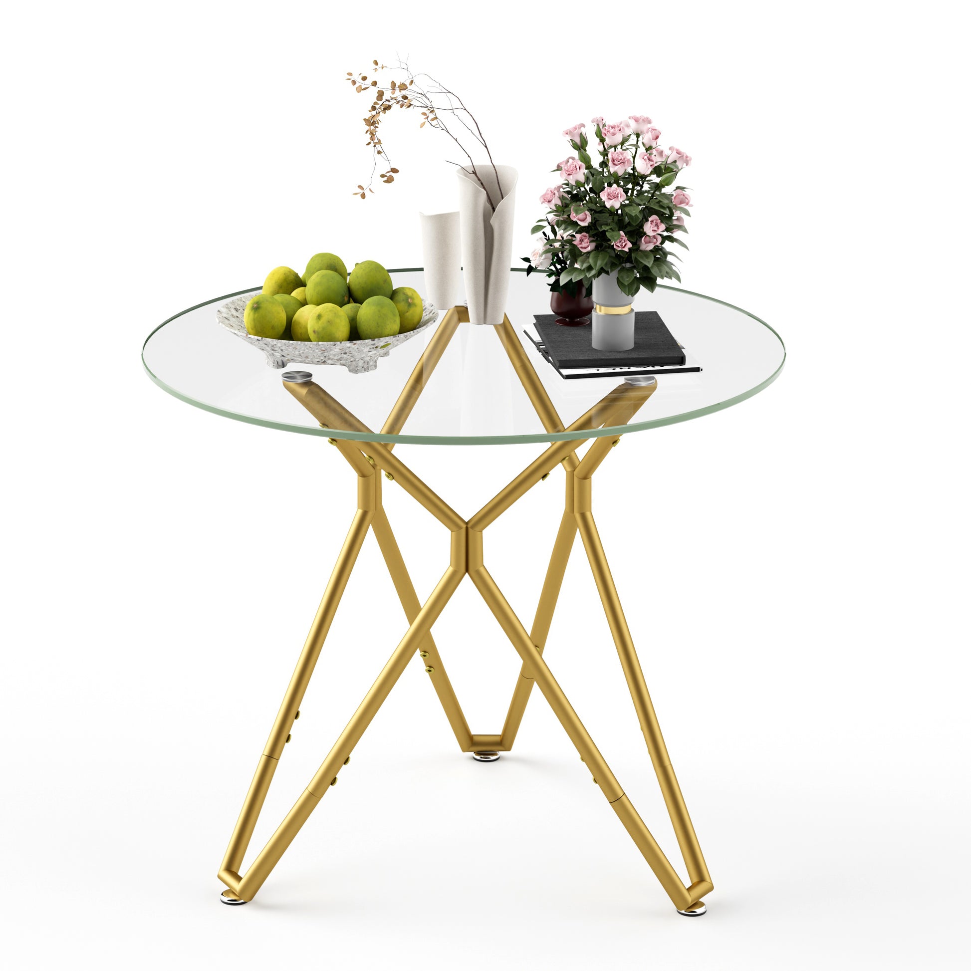 35.4-inch round tempered glass dining table, suitable for 1-4 people, space-saving small kitchen dining table, equipped with sturdy metal table legs, suitable for dining room, living room,Gold image 3