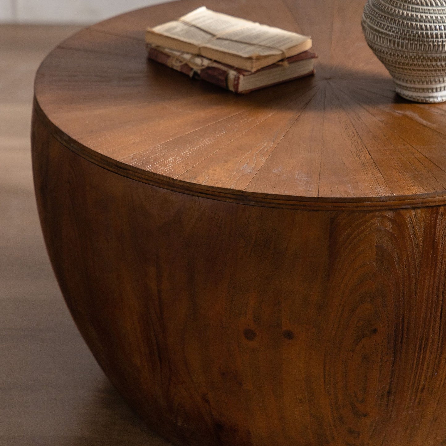 31.50"Vintage Style Bucket Shaped Coffee Table with storage function, for Office, Dining Room and Living Room, Brown image 16