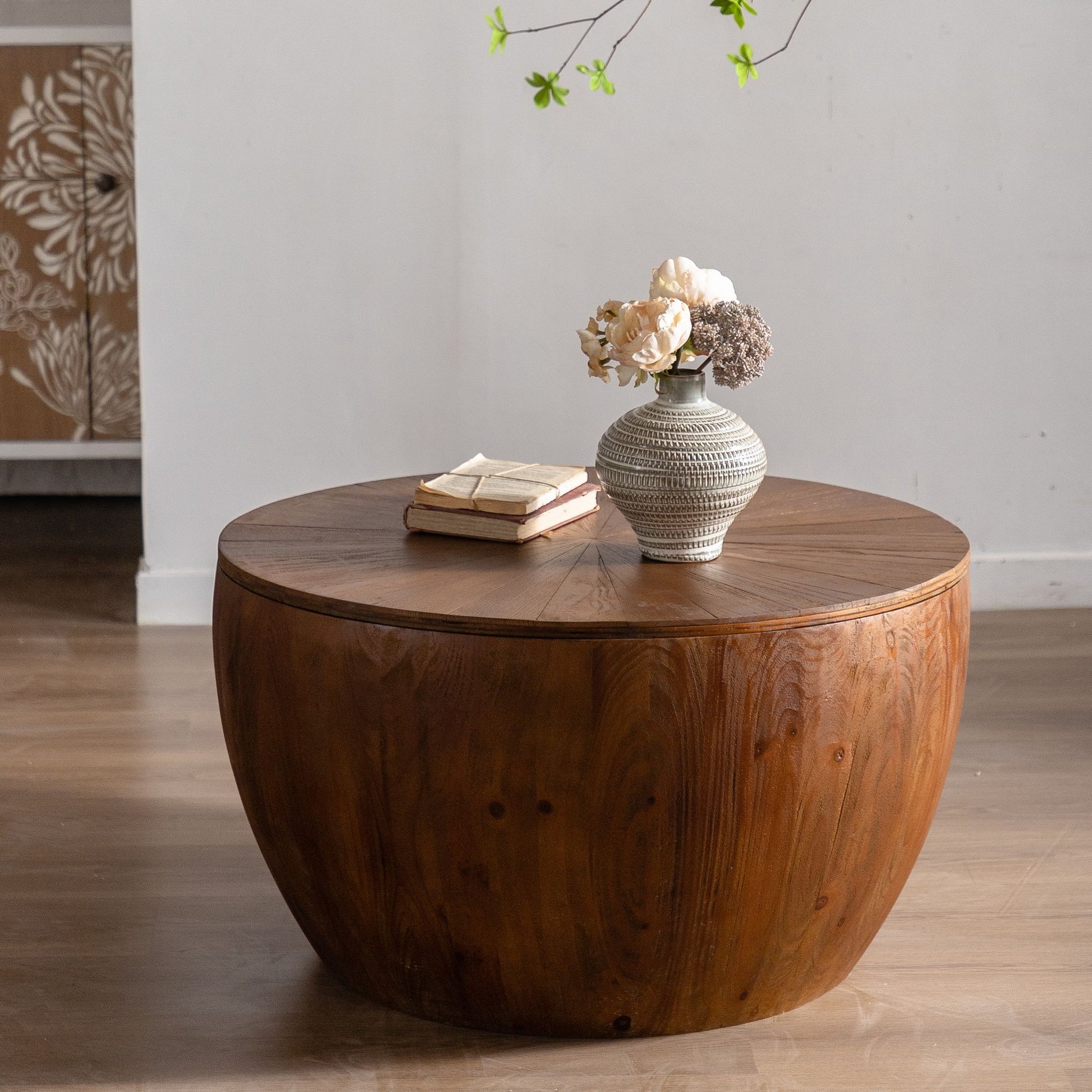 31.50"Vintage Style Bucket Shaped Coffee Table with storage function, for Office, Dining Room and Living Room, Brown image 2