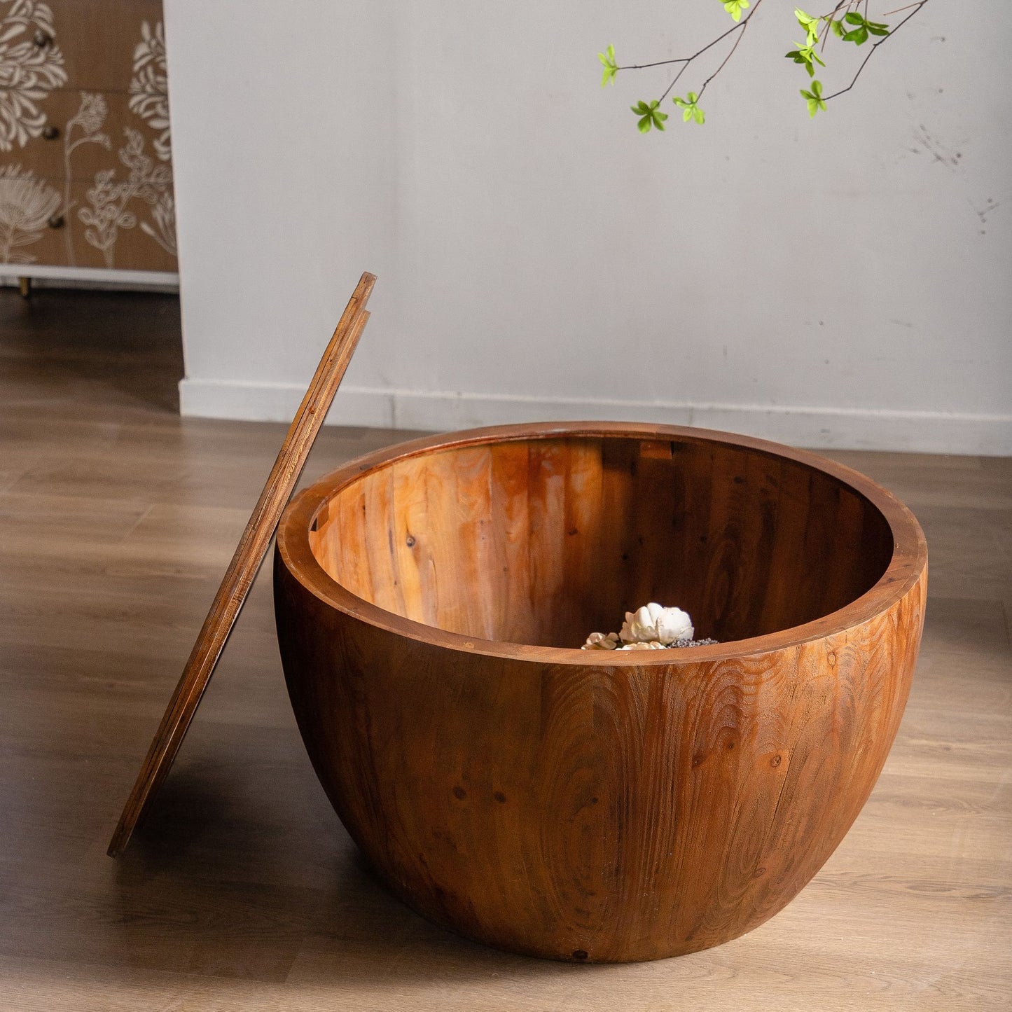 31.50"Vintage Style Bucket Shaped Coffee Table with storage function, for Office, Dining Room and Living Room, Brown image 9