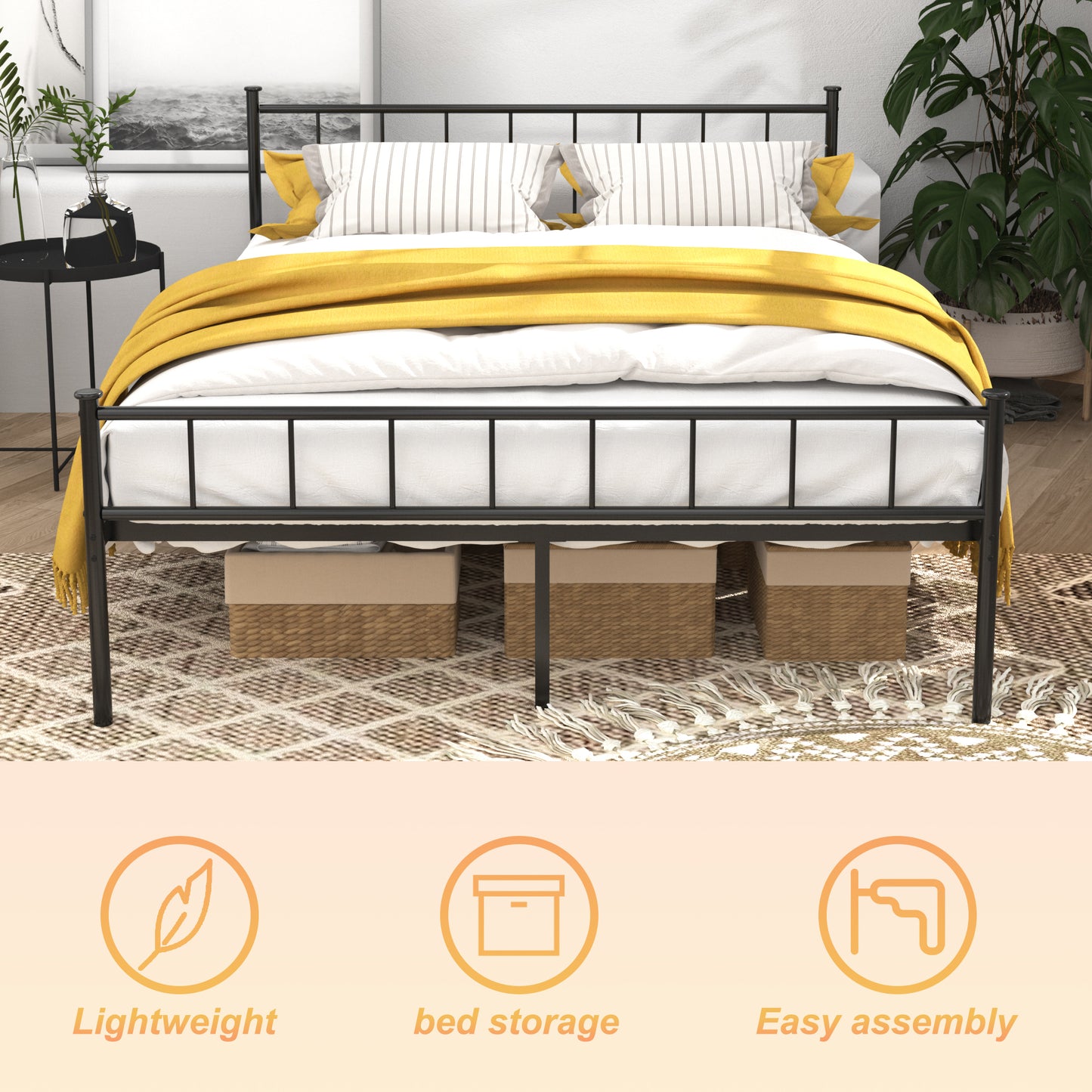 Queen Size Bed Frame, Headboard and Footboard,Structurally Stable, Under Bed Storage,No Box Spring Needed,Black image 5