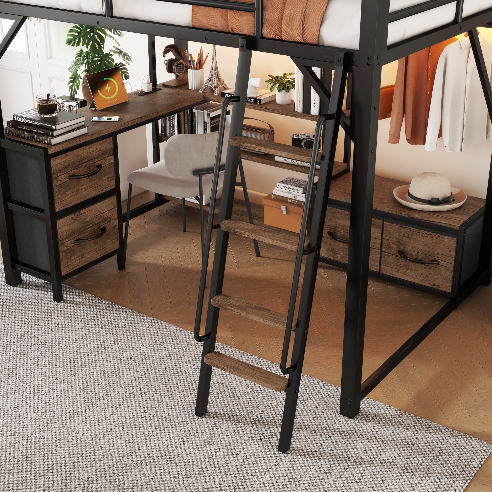 Full Size Loft Bed with Desk and Light, Metal Loft Bed with Storage Shelves, Wardrobe and Drawers for Boys Girls(Old SKU W2593S00040) image 6