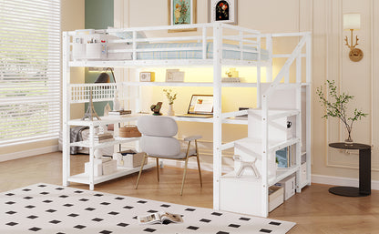 Full Size Loft Bed with Staircase and Wardrobe, Metal Loft Bed with Desk, Storage Shelves, LED Lights and Charge Station,White(Expect Arrival Date 2026/5/9 Old SKUW2593S00059) image 7