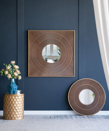 Round Carter wooden mirror with gold iron frame - front view