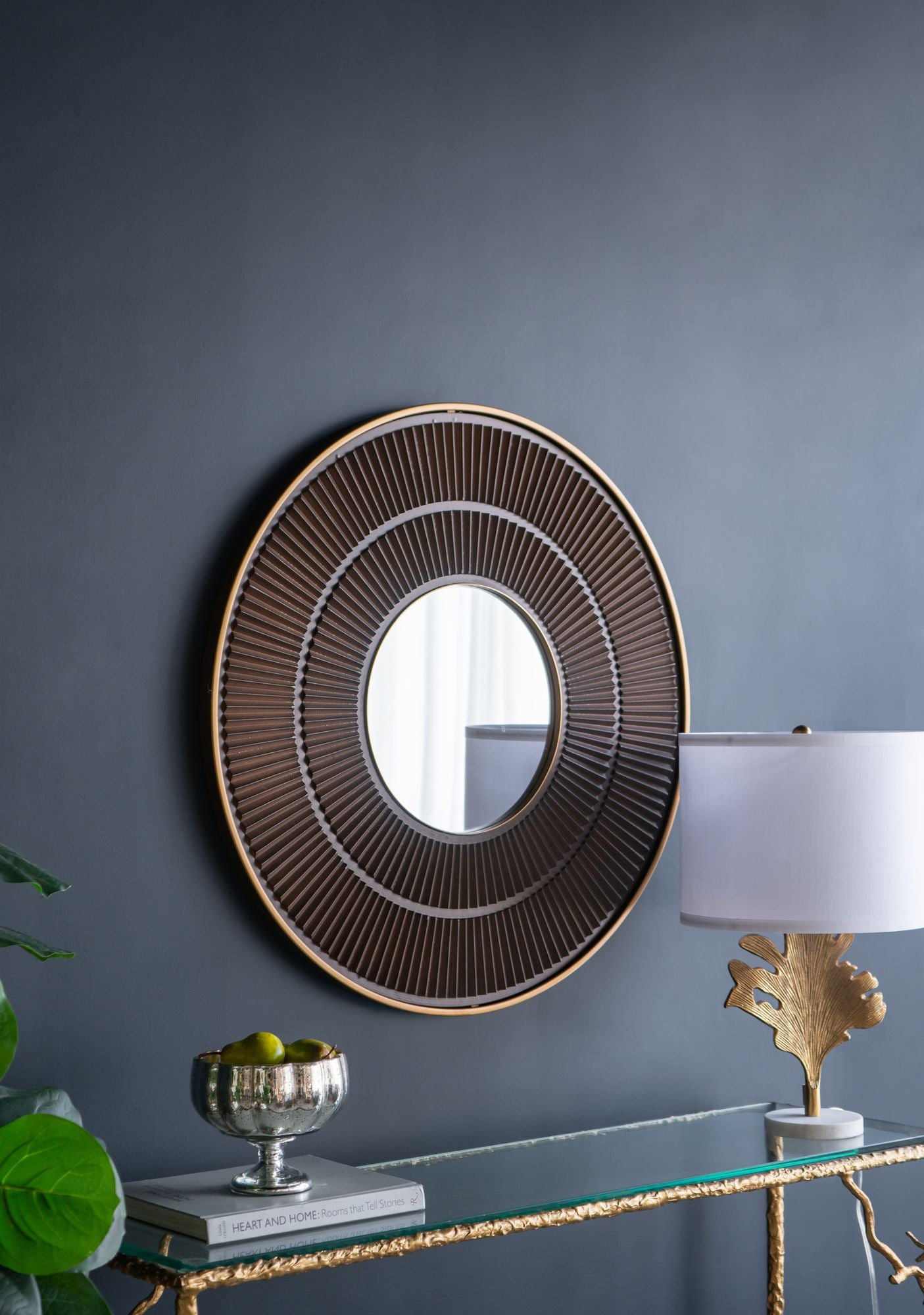 31.5x1x31.5" Round Carter Wooden Mirror with Gold Iron Frame Neutral Colorway Wall Decor for Live space, Bathroom, Entry image 13