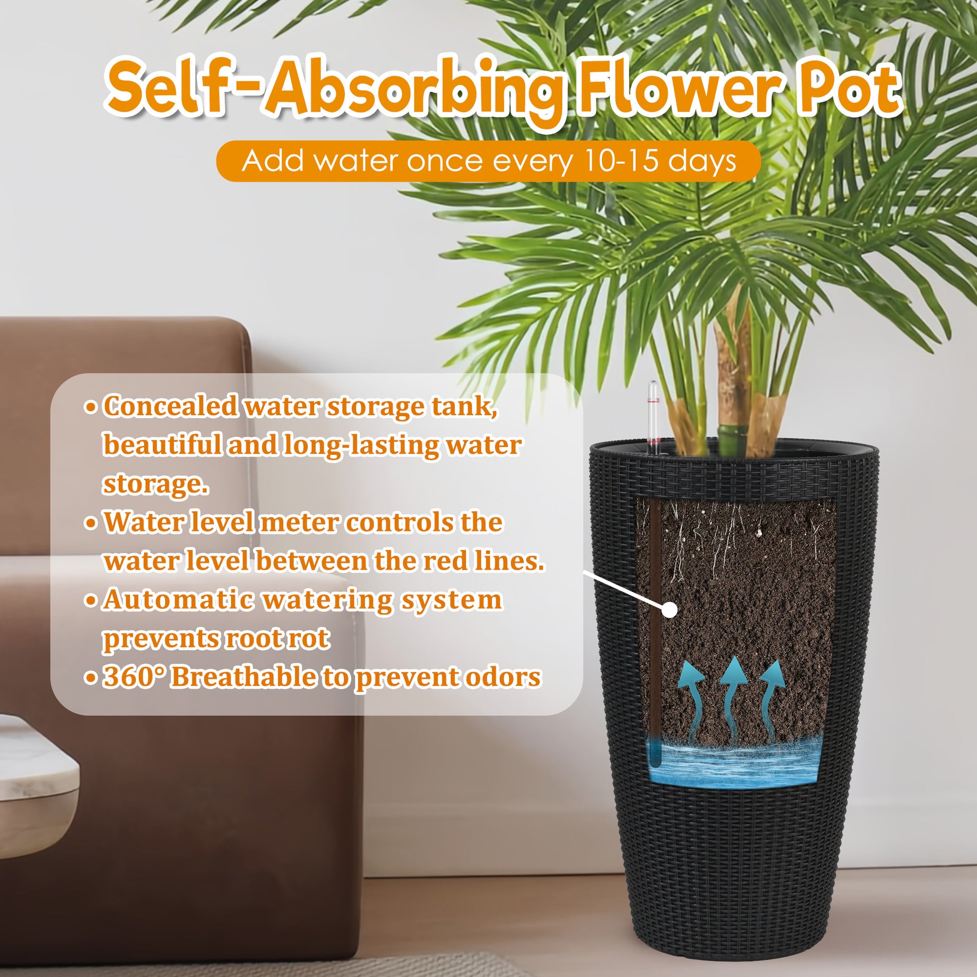 Set of 2 Faux Rattan Tall Planters Outdoor Indoor Large Planters with Water Level Monitor Inner Bucket, Automatic Watering, Flower Plant Pots for Garden, Patio, Porch, Backyard (Black, 22 inch) image 3