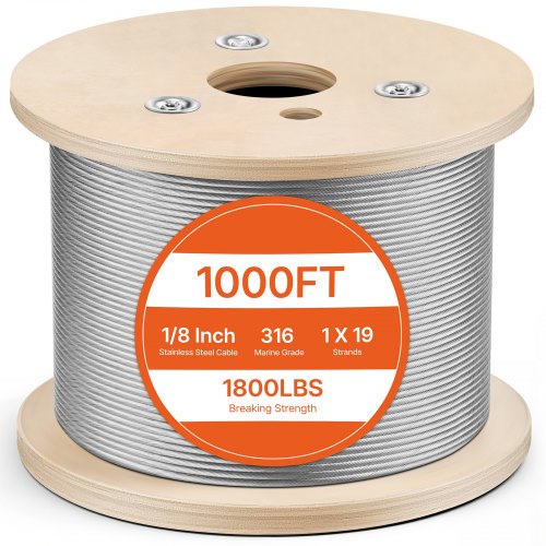 VEVOR Wire Rope Cable, 1/8-1/4 in T304/T316 Stainless Steel  1000 ft / 1/8 inch / 1x19