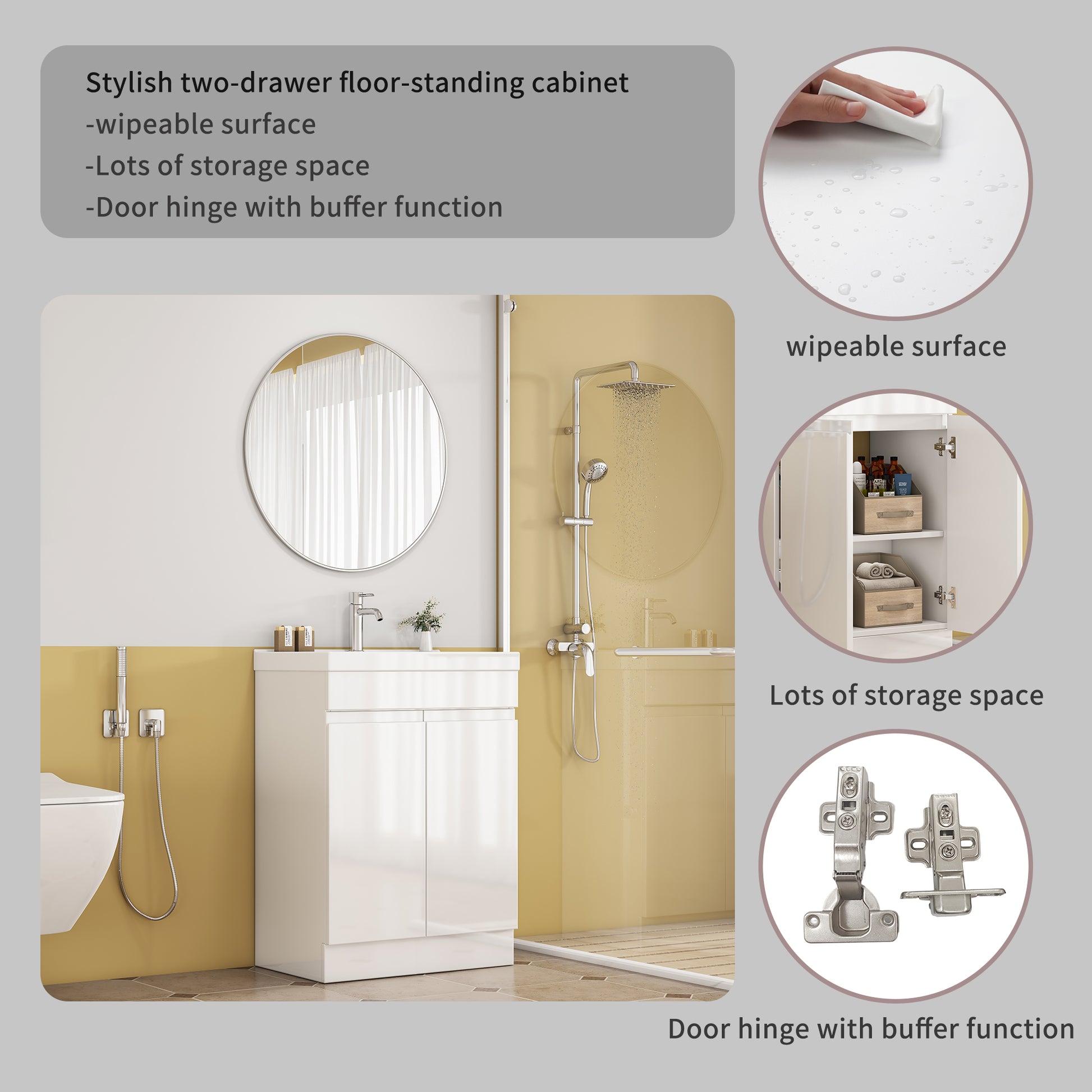 24-Inch Bathroom Vanity With Sink Combo, 2 Doors Bathroom Cabinet, With Shelf,Handle Free Design,Unique Thick-Edged Ceramic Basin,Soft Close System Hinge,Easy Assemble,Glossy White image 11