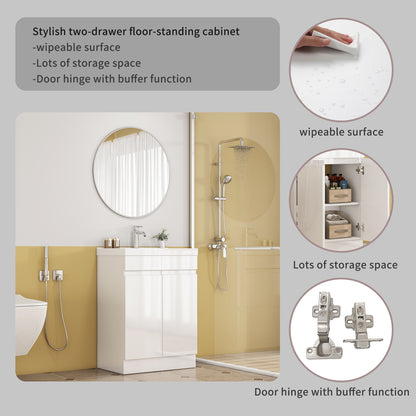 24-Inch Bathroom Vanity With Sink Combo, 2 Doors Bathroom Cabinet, With Shelf,Handle Free Design,Unique Thick-Edged Ceramic Basin,Soft Close System Hinge,Easy Assemble,Glossy White image 11